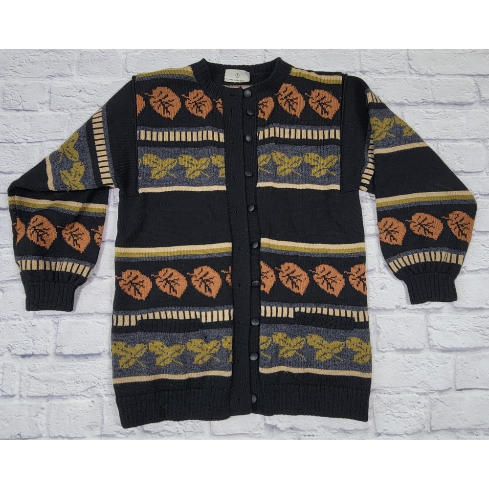 Phyllis‎ O Meara Fashion Knit Sweater Cardigan Fall Leaves Pure Wool sz P Large
